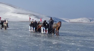 Turistlerin Çıldır Gölü'nde atlı kızak keyfi